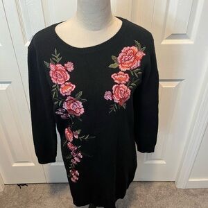VINTAGE 90s Yumi Black Sweater Dress with Pink Floral Embroidery Size M